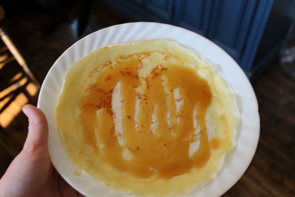 Swedish Pancake with butter, sugar, and syrup