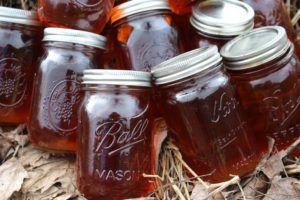 Jars of fresh maple syrup