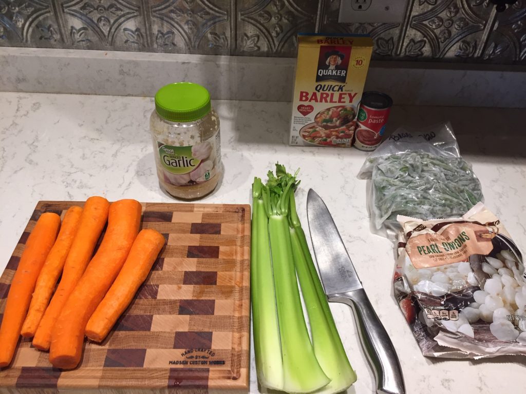 veggies for hearty venison and barley stew