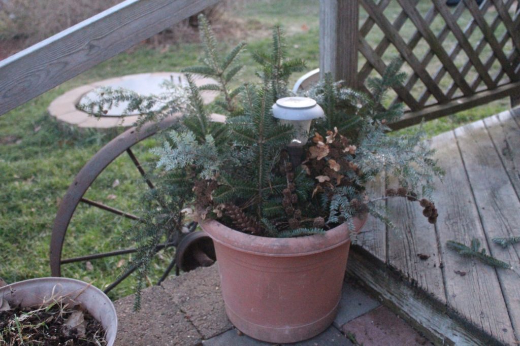 pot decorated for winter on steps