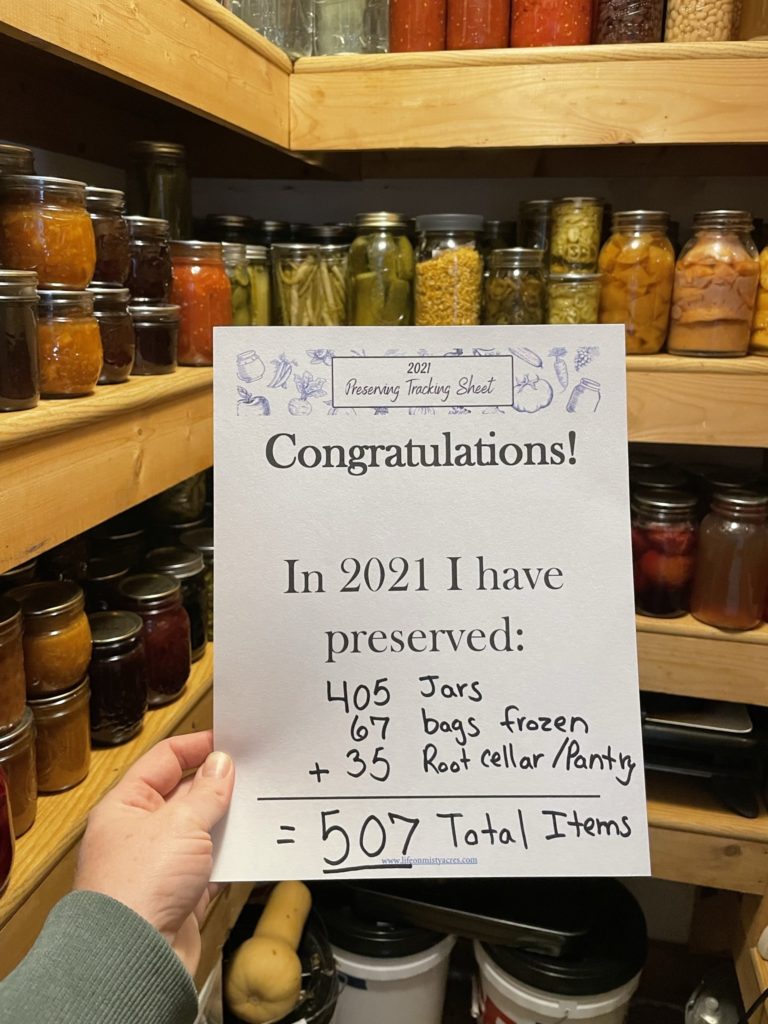 Our 2021 Preserving Challenge Totals for jars, frozen items, and root cellar/pantry items