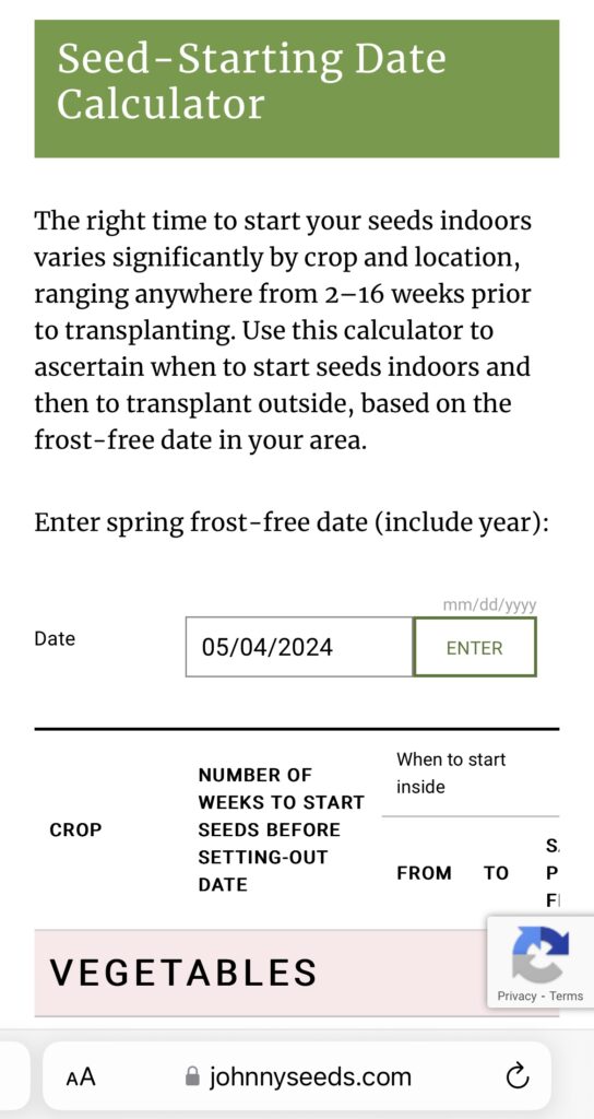 Johnnys seed calculator enter last frost date
